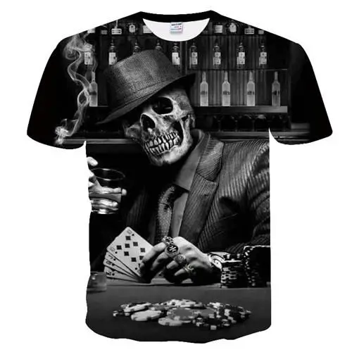 New casual skull poker printed t shirt men short sleeve tee shirt Home black design tee tops male summer tops printed shirt