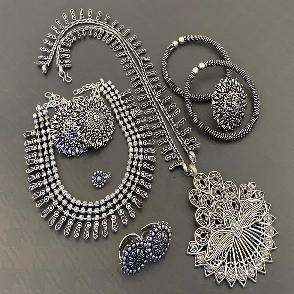 Very beautiful German silver Pendant set With choker , stud , ring , nosepin , toering , and 2 pc kada in M CREATION