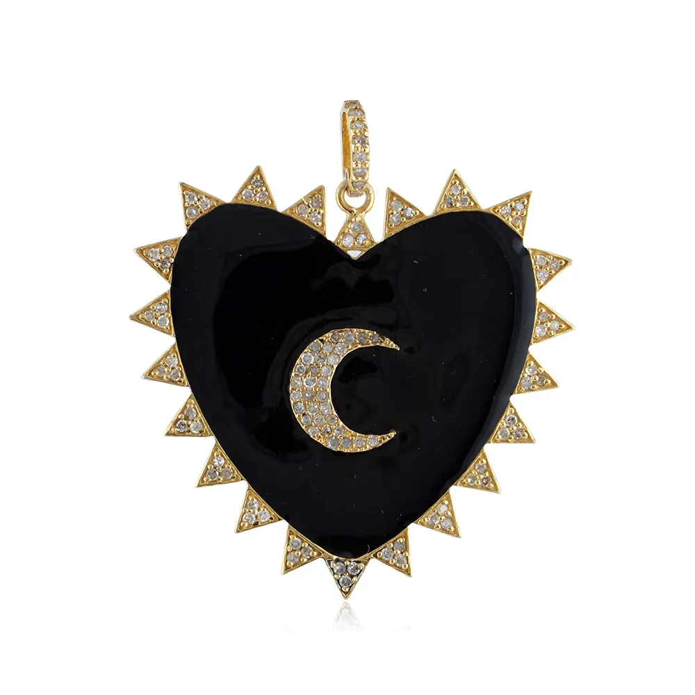 Black Enamel Yellow Vermeil Pave Diamond Heart Shaped Designer Pendant Crescent Moon Charm Handmade Pendant Jewelry Wholesale