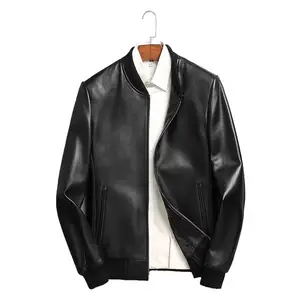 Herbst Herren Leder hohe Jacken Stehkragen Motorrad Pu lässig Slim Fit Mantel Oberbekleidung mit Tasche Übergröße Herrenjacken