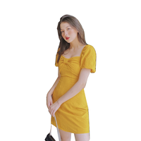 Robe de soirée mini pour femme, style princesse, jaune automne, élégante et solide, avec manches bouffantes, en tissu tissé, à volants, fermetures éclair, coupe évasée, naturelle