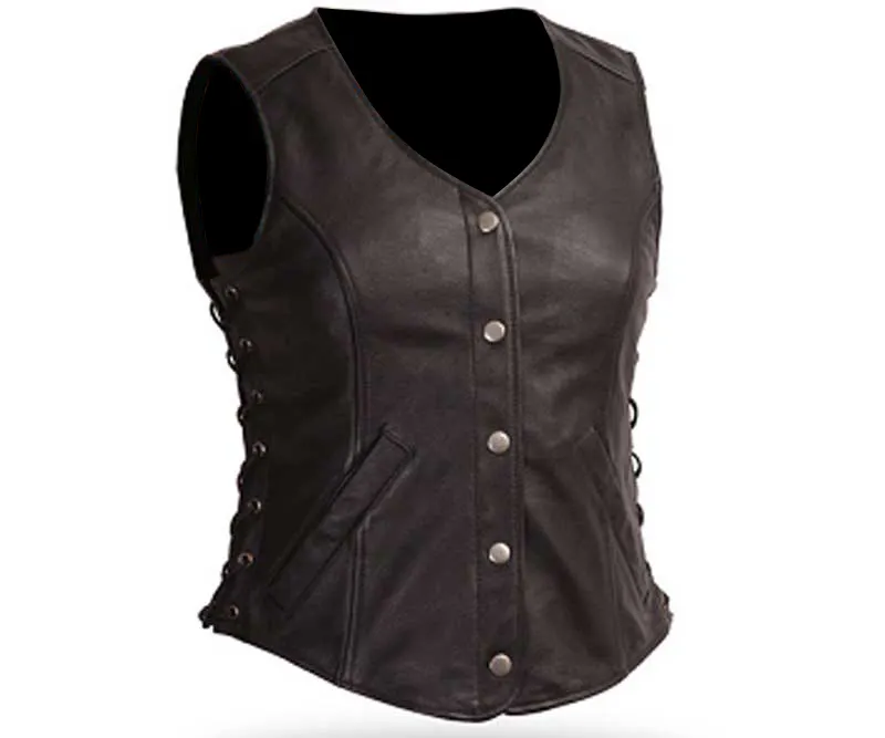 Womens Black Genuine Leather Motorcycle Biker Vest