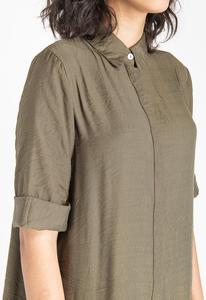 Olive Green Turn-Down Collar Shirt Dress Midi Length <b>Short</b> Sleeve Loose Fit 100% Cotton Casual Daily Wear Woven Fabric - Product Image 2