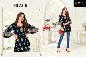 Ropa informal corta de alta calidad Kurti para damas Foil Printed Reyon Fabric Totalmente cosida a bajo precio - Product Image 3