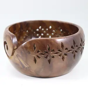 手工仿古木制纱线碗纱线绒球 | 纱线球座碗针织碗刻从印度