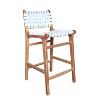 Tabouret de bar en bois de teck massif tressé avec cuir de vache véritable, chaises hautes, couleur blanche, style farmhouse, cuisine moderne, meubles de maison