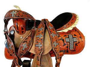 Juego de tachuelas de sillín de caballo occidental de carreras de barril de cuero genuino Premium Múltiples colores y tamaños disponibles Tamaño del asiento 14 "-18" - Product Image 2