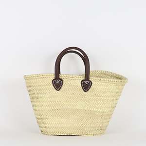 Straw Market Basket with Short Brown Leather Handles - Product Image 1