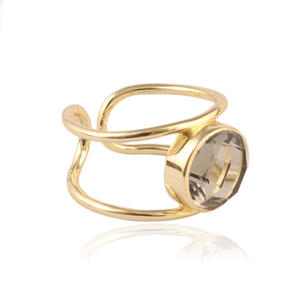 วงแหวนอัญมณีทรงกลมแบบเดี่ยวแบบใสสามารถปรับได้ควอตซ์ใสวงแหวนแบบเปิดแหวนชุบทองสองชั้น - Product Image 4