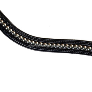 Banda para cejas de caballo de cuero Premium negro y marrón personalizada con perlas doradas blancas y negras de lujo ostentosas con bucles cosidos - Product Image 2