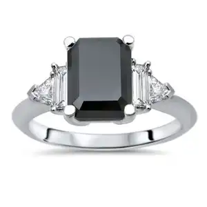 14k白金2.00 Ct翡翠切割黑色钻石订婚戒指，结婚戒指，圣诞礼物订婚戒指