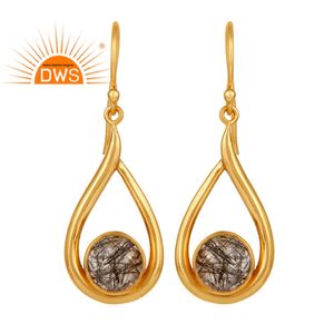 Boucles d'oreilles pendantes de pierre précieuse, en argent massif et en rutilé noir, bijoux plaqués en or 18k, vente en gros, offre spéciale, - Product Image 1