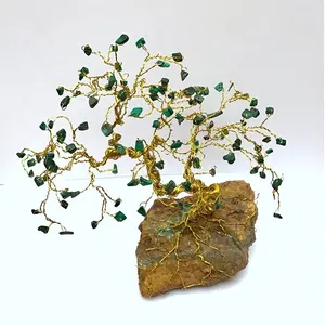 生命树天然金树雕塑孔雀石水晶宝石基幸运石英石树装饰礼品