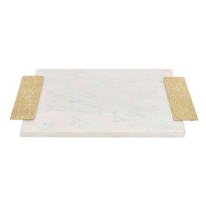 Plateau décoratif rond en marbre blanc avec poignées en métal plateau fabricant plateaux de service grossiste - Product Image 3