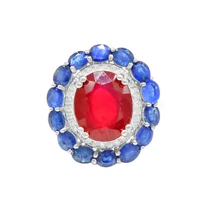 New Arrival Natural 10x12 MM Oval Red Ruby Cut Blue Sapphire Gemstone 925 Solid Silver Ring Wedding Jewelry Supplier From India