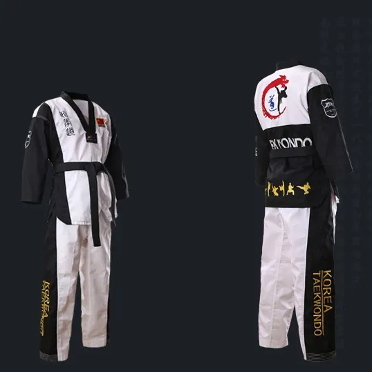Özelleştirilebilir yetişkin çocuklar elastik İpli hafif pamuk Taekwondo üniforma WTF onaylı Taekwondo Dobok beyaz siyah
