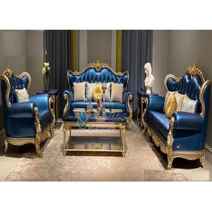 Ensemble de canapés en teck royal fait à la main, style traditionnel Maharaja, meubles de salon modernes, 6 places, touche dorée - Product Image 1