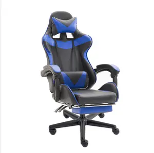 Cheap Blue Leather Gaming Chair Base Office PC Car Racing Game Chair with Footrest Wholesale Recliner Computer Desk And Chair