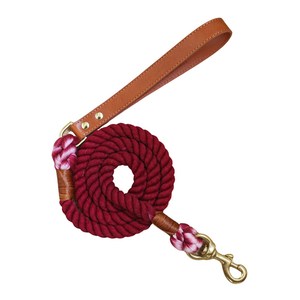 Handmade Strong Durable 4.5ft 12mm Wine <b>Red</b> Cotton Rope <b>Dog</b> Leash with Tan Genuine Leather Handle and Solid Brass Hardware - Product Image 1