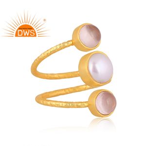 Bague en laiton plaqué or, pierre précieuse à empiler, perles et Quartz Rose, bijou de fiançailles, 1 pièce - Product Image 2