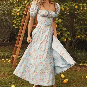 패션 퍼프 슬리브 꽃 높은 슬릿 긴 드레스 여름 휴가 boho 드레스 RS1547 cb tallulah 꽃 미디 드레스 하우스