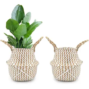 Best Sales Vietbay Crafts Natural Hand Wicker Belly Plant Handles Woven Planter Basket for Storage Plant Pot Cover Home Decor