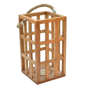 Linterna de vela de mesa de madera hecha a mano con acabado de esmalte marrón Natural forma cuadrada con mango de cuerda para decoración del hogar - Product Image 5