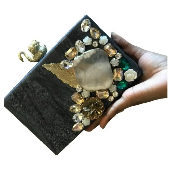 Black Resin Rhinestone Evening Bag Lady Clutch 2023 Hot Sale Wedding Light Handbag Handmade Fashionable Style Gulf Qatar