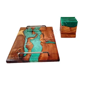 2022 Latest Multi color Design Epoxy Wood Resin Handcrafted River Serving Tray With 4 Pcs Coaster Set Aquamarine Resin art Tray