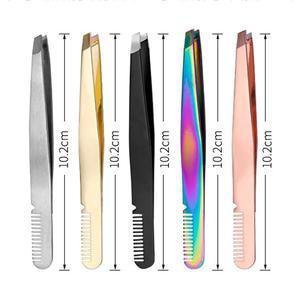 Venta al por mayor logotipo personalizado pinzas de acero de grado quirúrgico para cejas punta inclinada pinzas para cejas peine bajo MOQ - Product Image 3