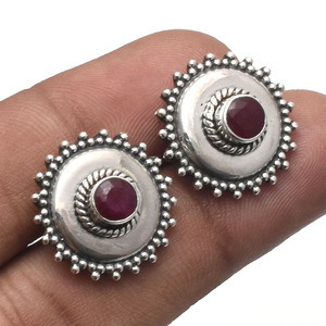 925 <b>Sterling</b> <b>Silver</b> Boho Pink <b>Stud</b> <b>Earring</b> Handmade Bezel <b>Set</b> Natural Ruby Gemstone Trendy Engagement <b>Stud</b> Wedding Party Gift - Product Image 2