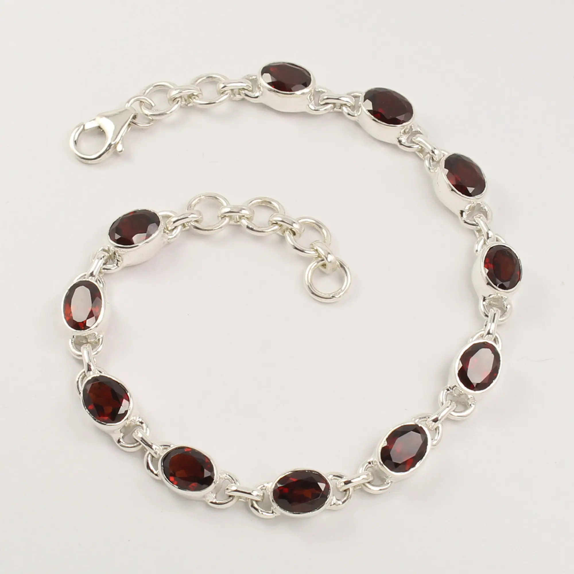 Natural Red Garnet 5x7 MM Oval Faceted Handmade Gemstone Bezel Chain Bracelet For Women Solid 925 Sterling Bracelet