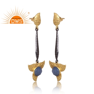 Blue Chalcedony Gold Plated Floral Designer Drop Earring <b>Indian</b> Brass Fashion Jewelry for Women Gift for Her - Product Image 2