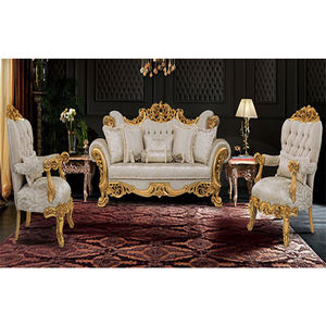 Luxury <b>Gold</b> Polish Living Room Furniture Set with Teak Wood Carved Leather <b>Sofa</b>-Modern Design Customizable Size - Product Image 1