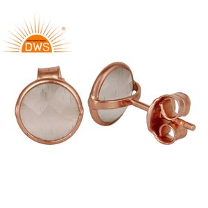 Round White Moonstone Stud Earrings Jewelry Wholesale Indian Rose Gold Plated Silver Tiny Studs Earrings - Product Image 2