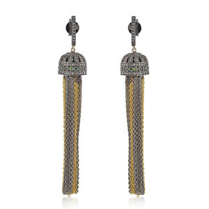 Yellow Vermeil Oxidized 925 Silver Pave Diamond Designer Push <b>Back</b> Handmade Tassel Chain <b>Earrings</b> Jewelry Wholesale - Product Image 1