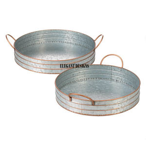 Plateau de service galvanisé de forme ronde de vente chaude plateau de service fait à la main plat de service galvanisé vintage de grande taille robuste - Product Image 6