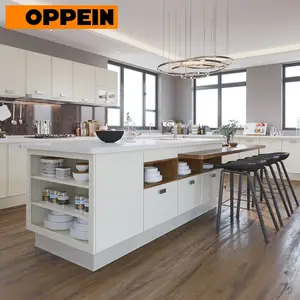 OPPEIN Large Main Open Cream White Designer Kitchen Cabinets with Island