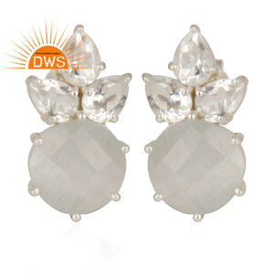 Solid Sterling Silver White Moonstone <b>Crystal</b> Prong Set <b>Studs</b> <b>Earrings</b> Fine Jewelry Supplier Classic Collection - Product Image 1