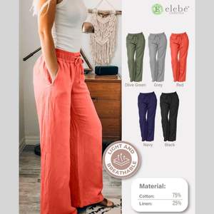 Pantalones de lino y algodón de cintura alta Diseño de corte recto suave cómodo con cordón de amarre automático Uso de salón de dormir de talla grande - Product Image 2