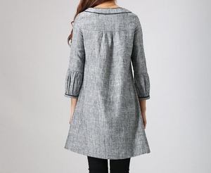 Robe d'été formelle pour femme, longueur genou, en lin gris uni, manches longues, col rond, coupe classique, tissée, respirante, brodée - Product Image 6