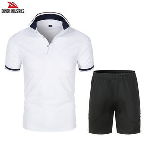 ชุดเสื้อโปโลแขนสั้น2ชิ้นสำหรับผู้ชายฤดูร้อนชุดกางเกงขาสั้นสีพื้นระบายอากาศพร้อมปิดเอวยางยืด - Product Image 4