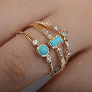 Solid <b>14K</b> Yellow <b>Gold</b> Turquoise & Diamond <b>Ring</b> Stacking <b>Rings</b> Engagement <b>Ring</b> From Trusted Exporter - Product Image 5