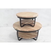 Table basse industrielle moderne de forme ronde plateau en bois d'acacia massif avec base en fer convertible pour salon bureau salon café