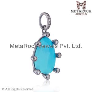 Prong Set de piedras preciosas de turquesa plata 925 oxidado Natural diamante diseñador colgante de joyería al por mayor - Product Image 5