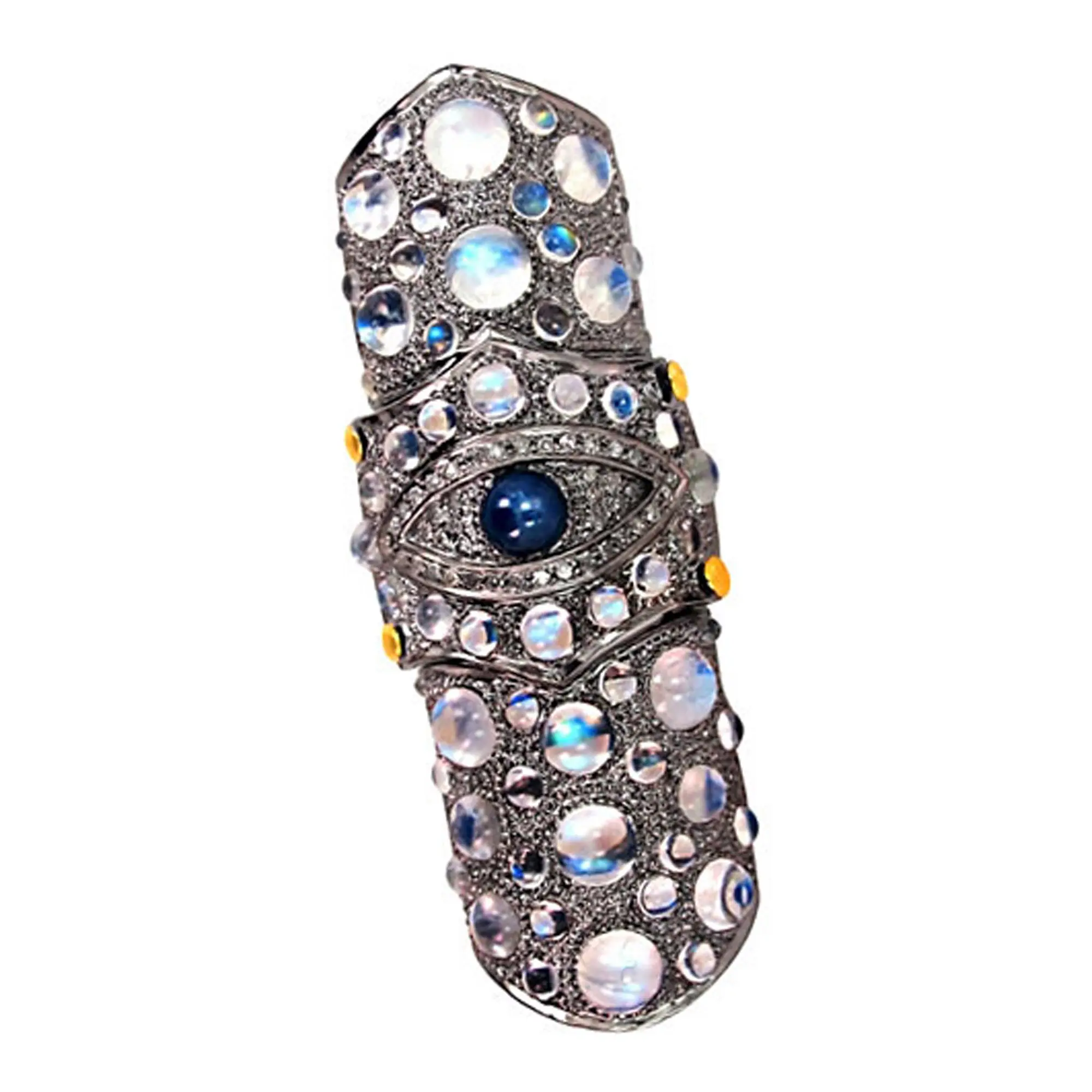 14k गोल्ड नीलम इंद्रधनुष Moonstone हीरा EvilEye पूर्ण फिंगर अंगुली की अंगूठी 925 स्टर्लिंग चांदी ठीक गहने निर्माता