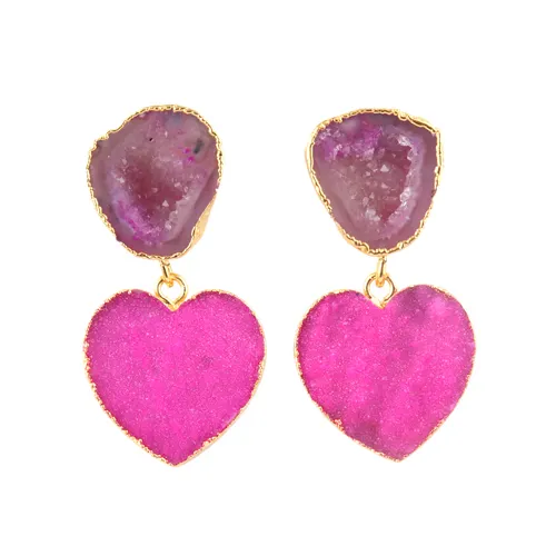 Luxury fashion natural pink sugar druzy & geode slice druzy drop earring electroplating high quality ladies drop dangle earrings