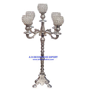 Candélabres en relief argenté à 5 bras pour décoration de sol et de mariage Candélabres faits à la main en aluminium nickelé sur base ronde - Product Image 3