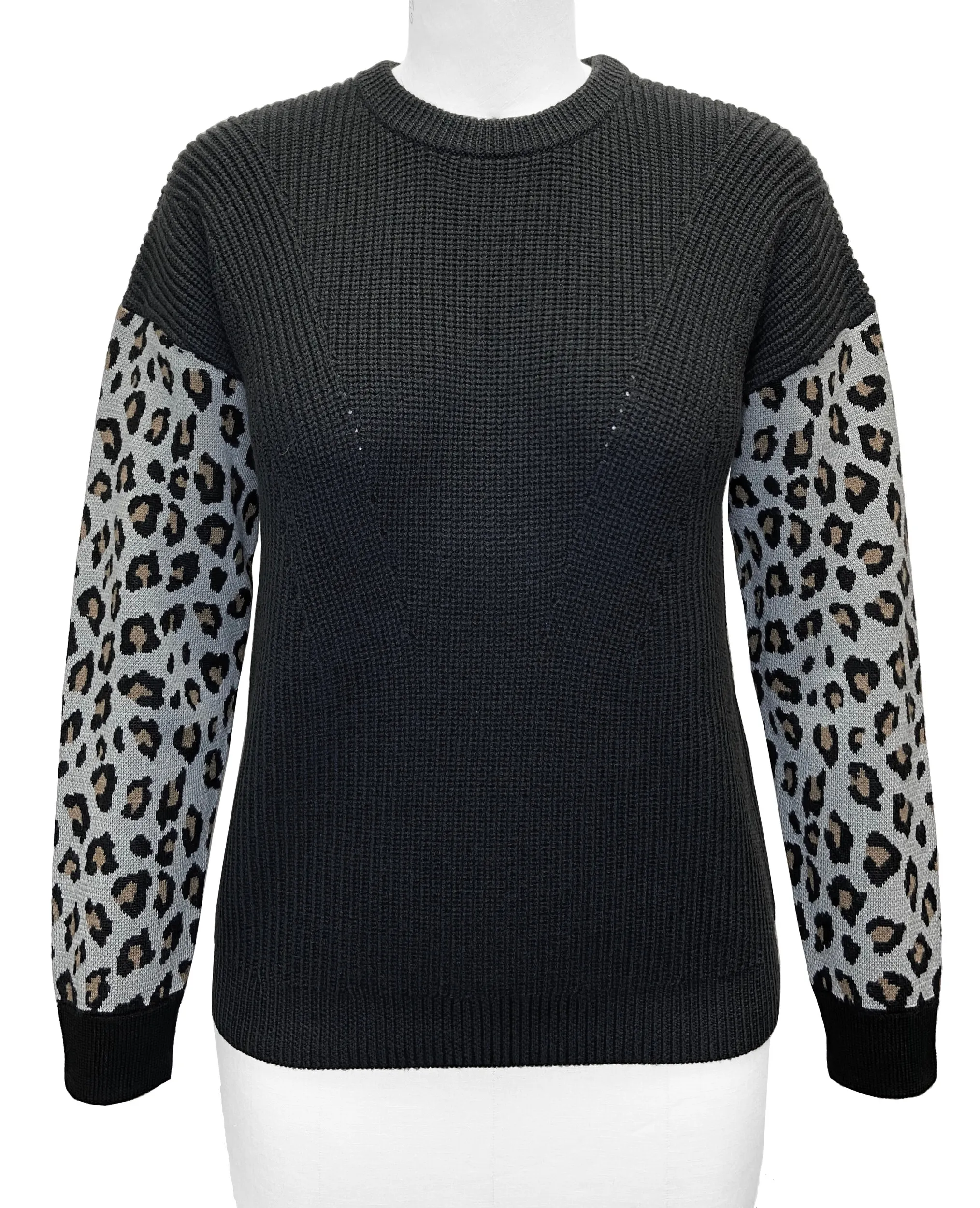 FW 22/23 Women's Moving Half Cardigan Stitches Body 3 colour Leopard Jacquard Sleeves Crew Neck Knitted Pullover