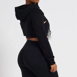 Sweat-shirt à capuche Super Crop pour femme, de haute qualité, anti-rides, tricoté, brodé, dos décolleté, manches longues, logo sur le devant, automne - Product Image 3